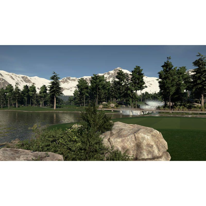 The Golf Club 2019 Simulator Software with golf course and mountains in background.