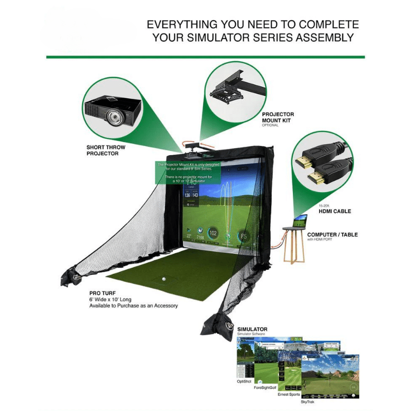 The Net Return Simulator Series 12 golf simulator with assembly items.