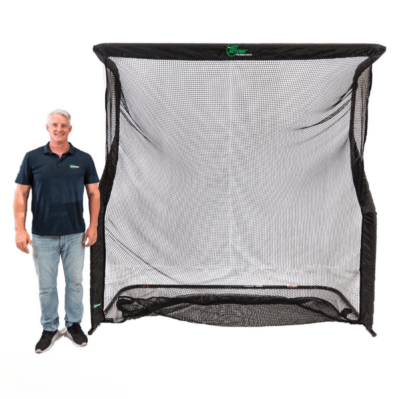 The Net Return Large 8 Pro Series with man standing to the side of net.