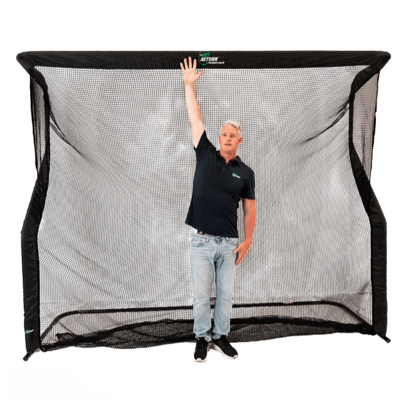 The Net Return Large 10 Pro Series golf net with man showing height of net.
