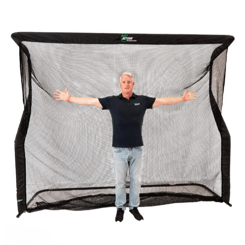 The Net Return Large 10 Pro Series golf net with man showing width of net.