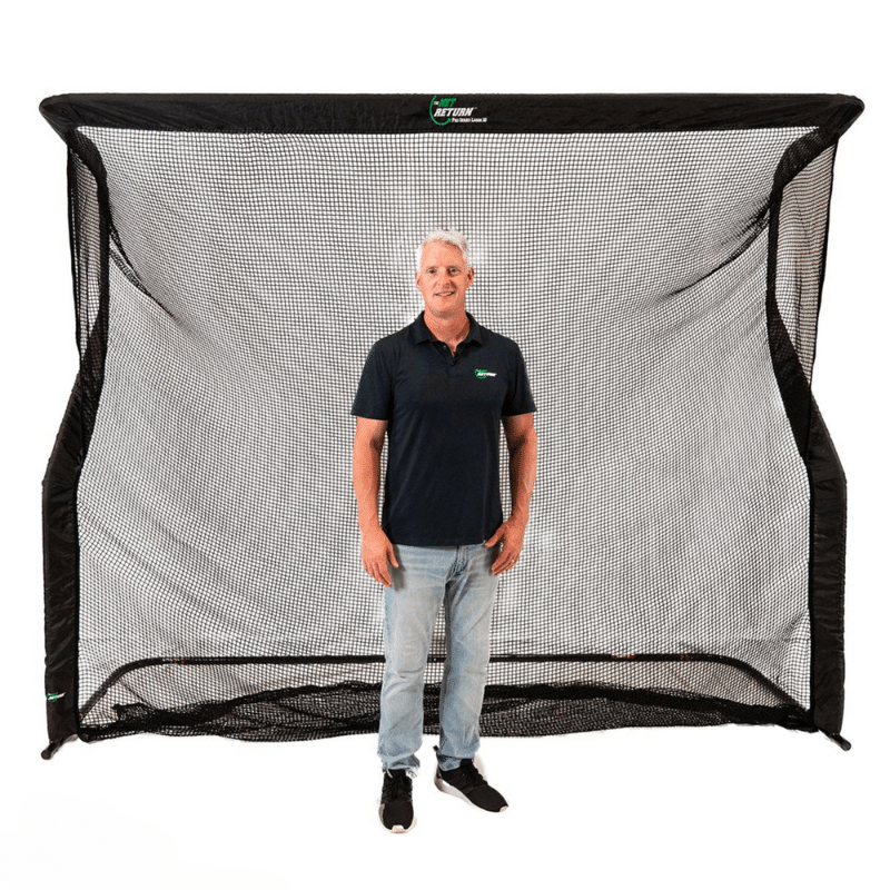 The Net Return Large 10 Pro Series golf net with man standing in front.
