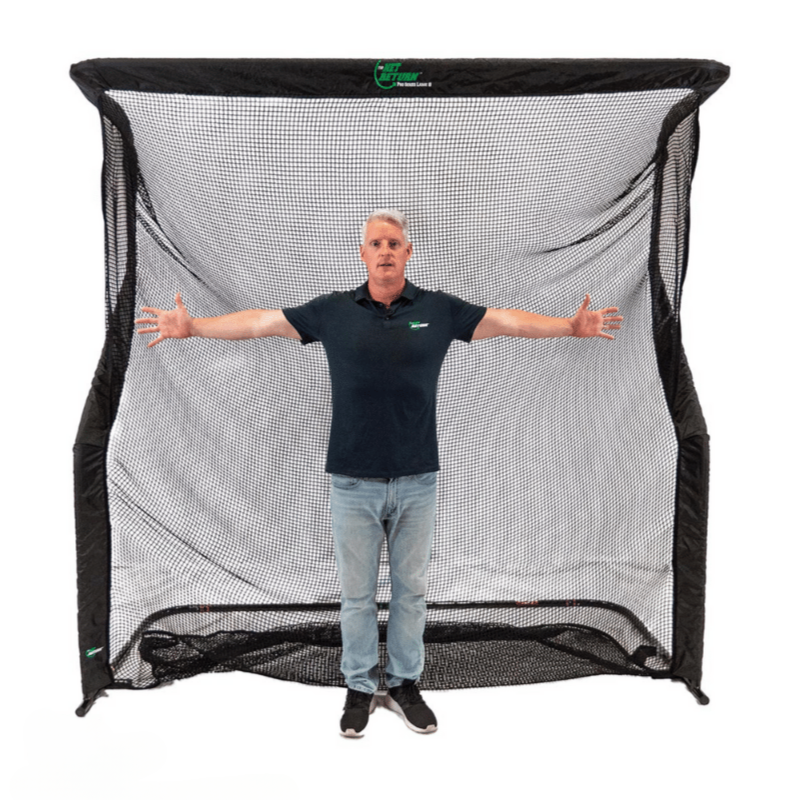The Net Return Pro Series V2 Large 8 with man showing width of net.