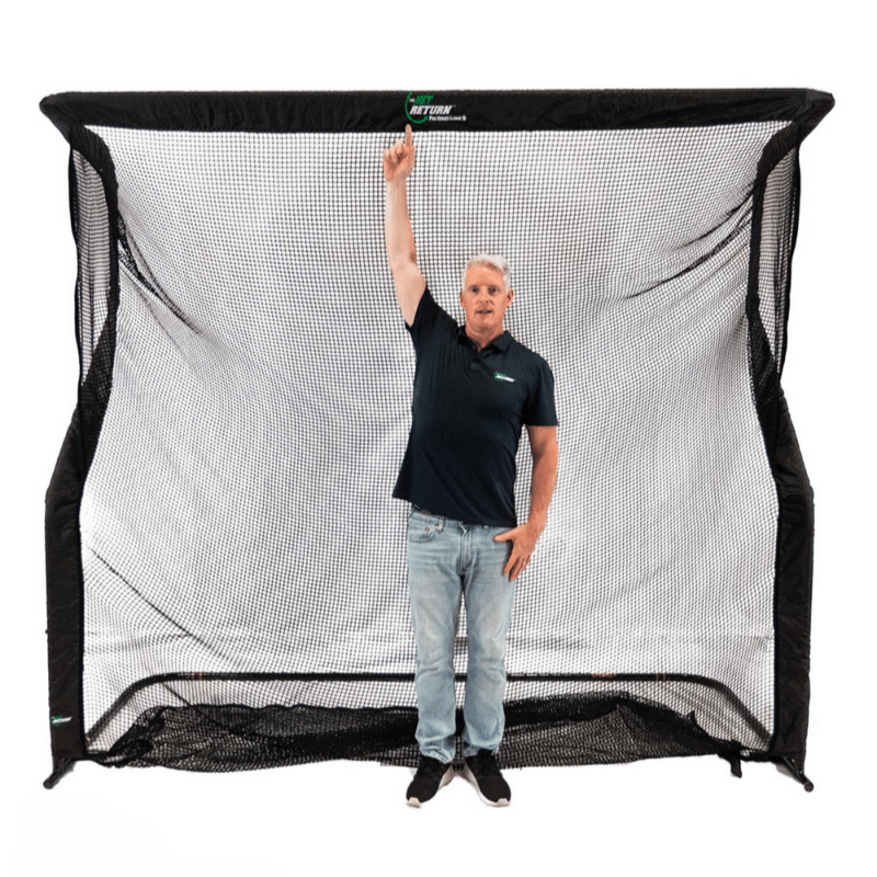 The Net Return Pro Series V2 Large 9 with man showing height of net.