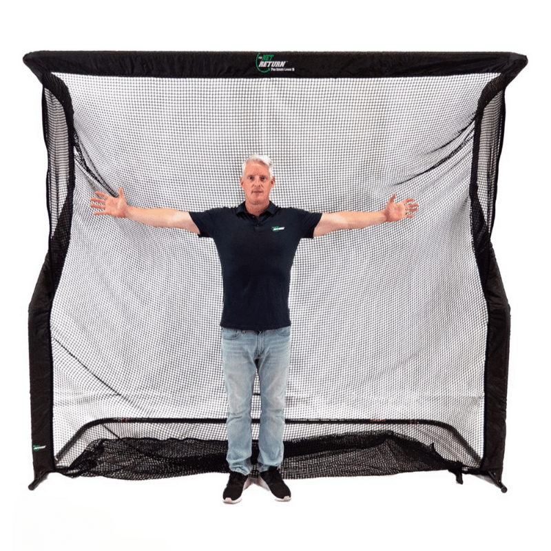 The Net Return Large 9 Pro Series with man showing width of net.