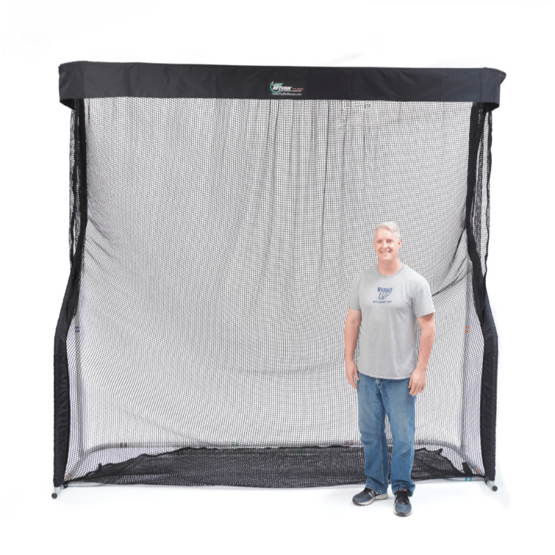 The Net Return Pro Series V2 XL Package Golf Net with man standing in front.
