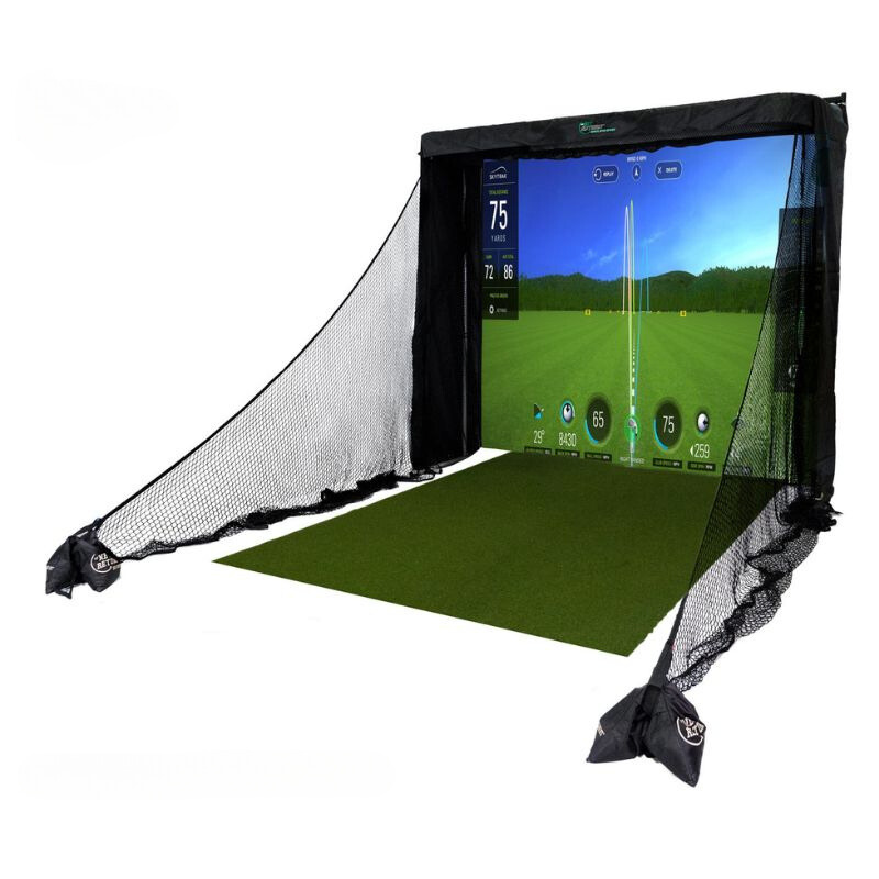 The Net Return Simulator Series 10 golf simulator with golf course projected on screen.
