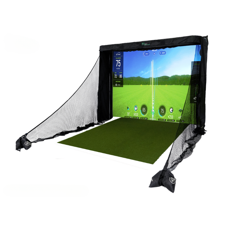 The Net Return Simulator Series 12 golf simulator enclosure with golf course projector image displayed