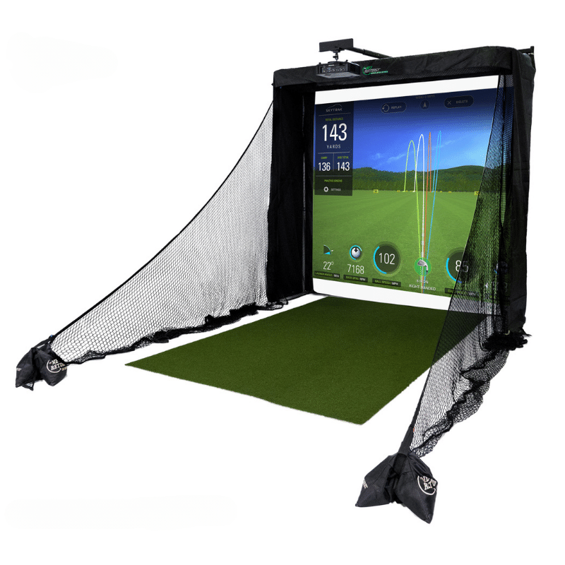 The Net Return Simulator Series 8 golf simulator with turf, projector, and course shown on screen.