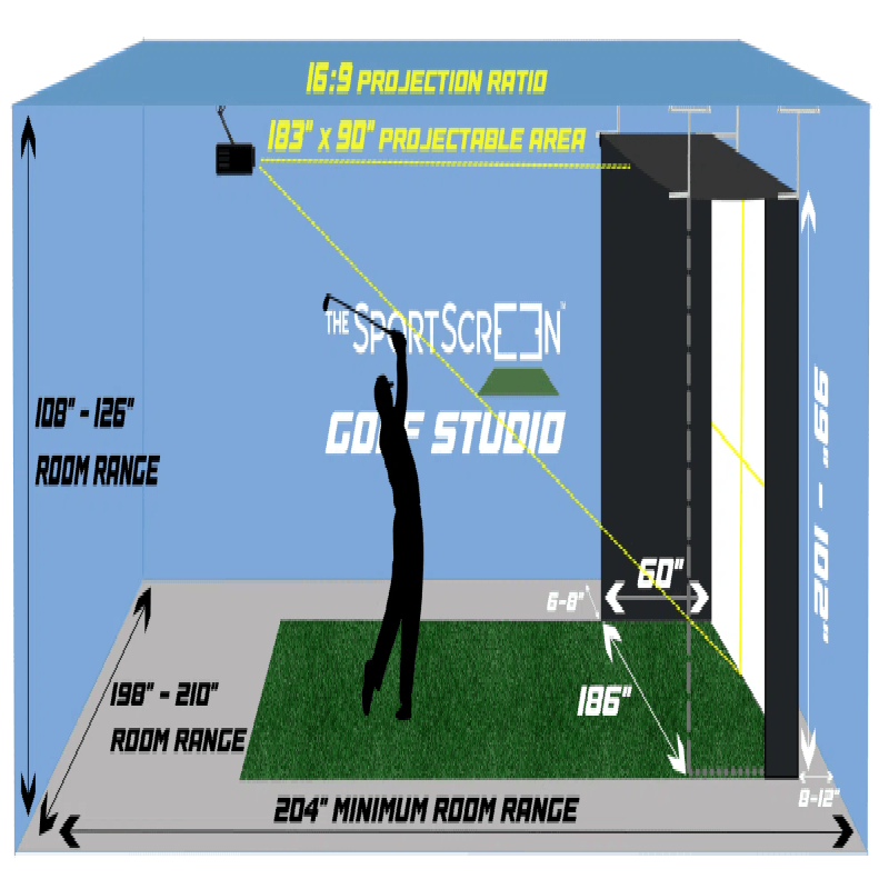 The SportScreen Vanish 16 Golf Simulator Enclosure dimensions view.