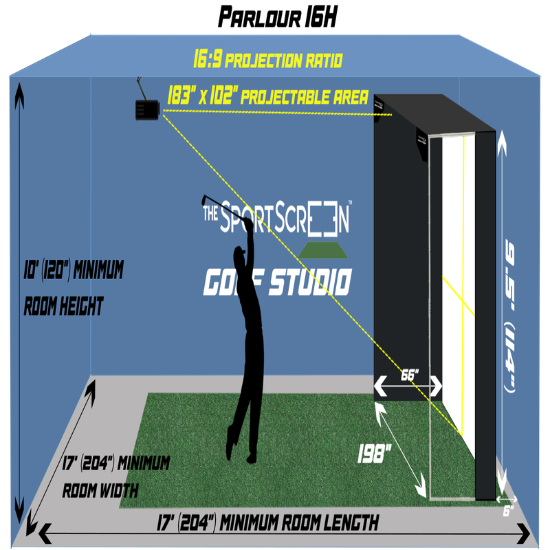 The SportScreen Parlour 16H Golf Simulator Enclosure dimensions.