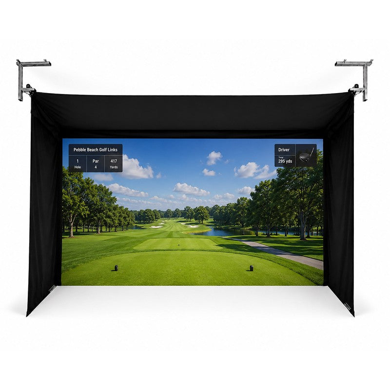 SportScreen Vanish golf simulator enclosure with course display.