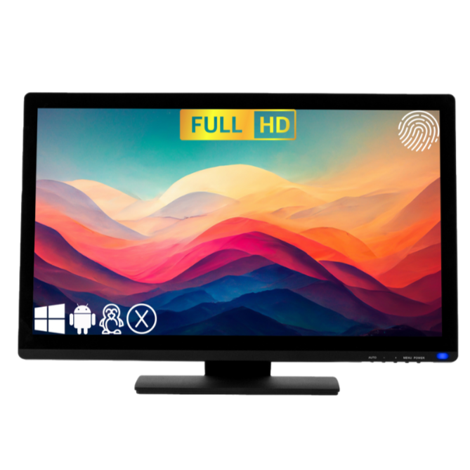 Touch Screen Guru 24" FHD 24/7 Touch Screen Monitor front display colorful full hd logos.