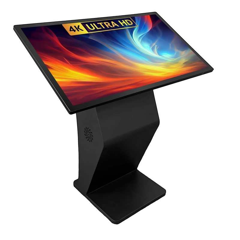 Touch Screen Guru Floor Standing Digital Signage Kiosk Stand right angle view with touch screen monitor.
