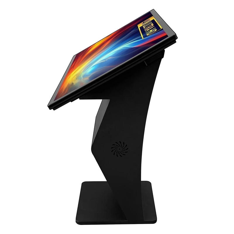 Touch Screen Guru Floor Standing Digital Signage Kiosk Stand right side angle view with touch screen monitor.