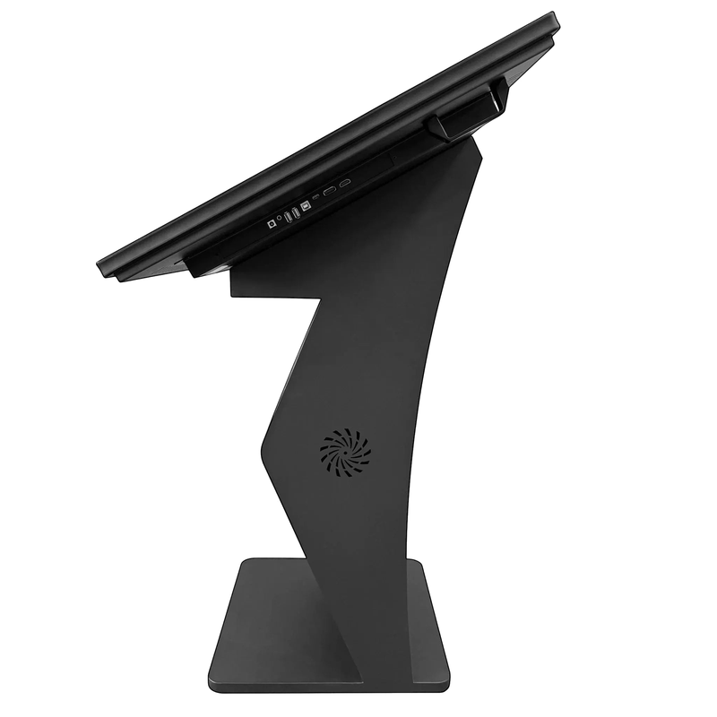 Touch Screen Guru Floor Standing Digital Signage Kiosk Stand right side view showing monitor ports and column vent.