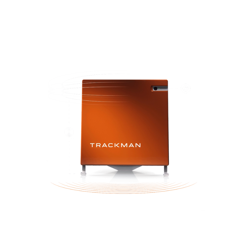 Trackman 4 Golf Launch Monitor front view orange case white logo.