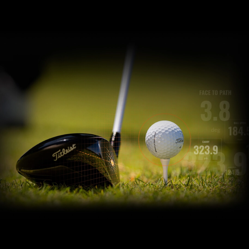 Trackman 4 Golf Launch Monitor golf club addressing ball data overlay.