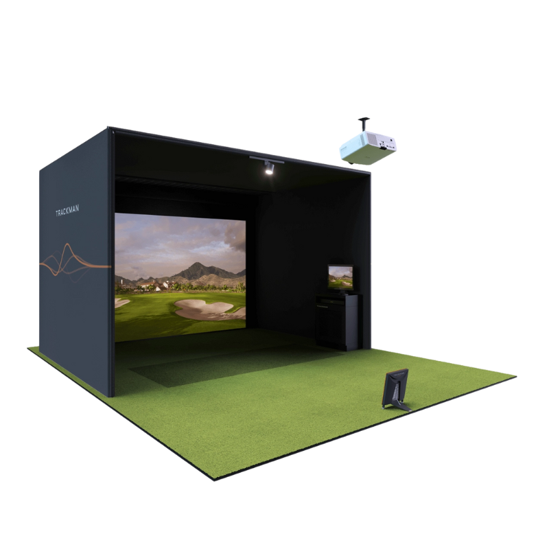 Trackman 4 Golf Launch Monitor indoor golf simulator setup with projector.