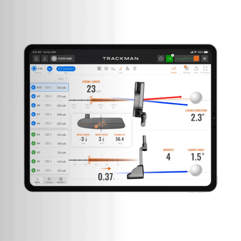 Trackman 4 Golf Launch Monitor tablet display golf stroke data.
