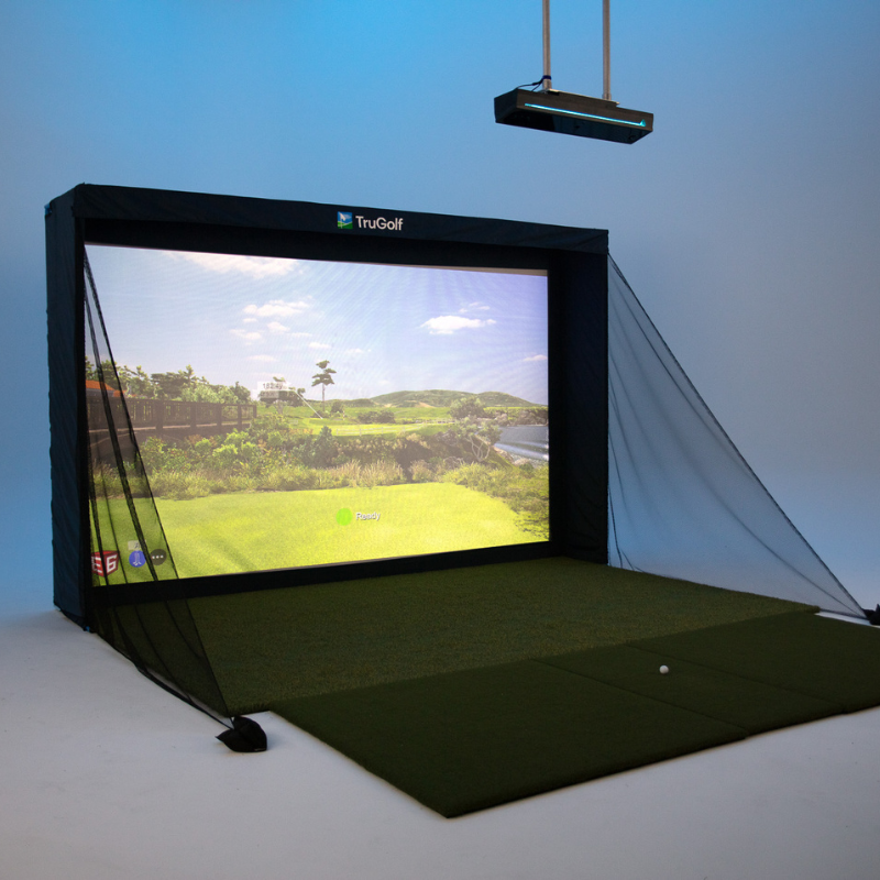 TruGolf MAX Golf Simulator with blue lighting.