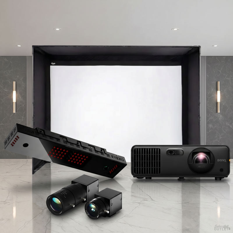 Uneekor EYE XO DIY Golf Simulator Package — shown with the two Uneekor Swing Optix swing cameras.