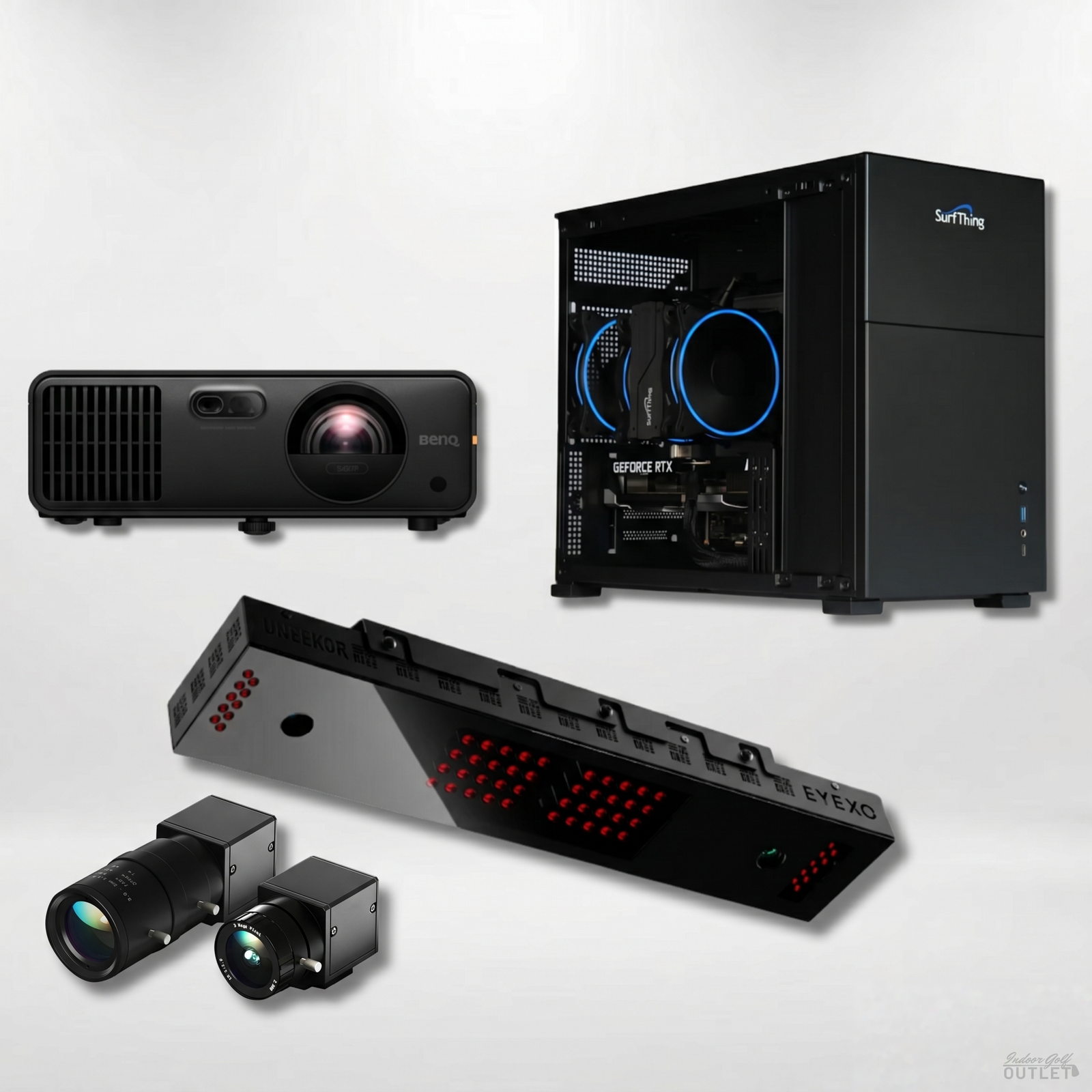 Uneekor EYE XO Launch Monitor Projector Golf Simulator Computer Package — shown with the two Uneekor Swing Optix swing cameras.