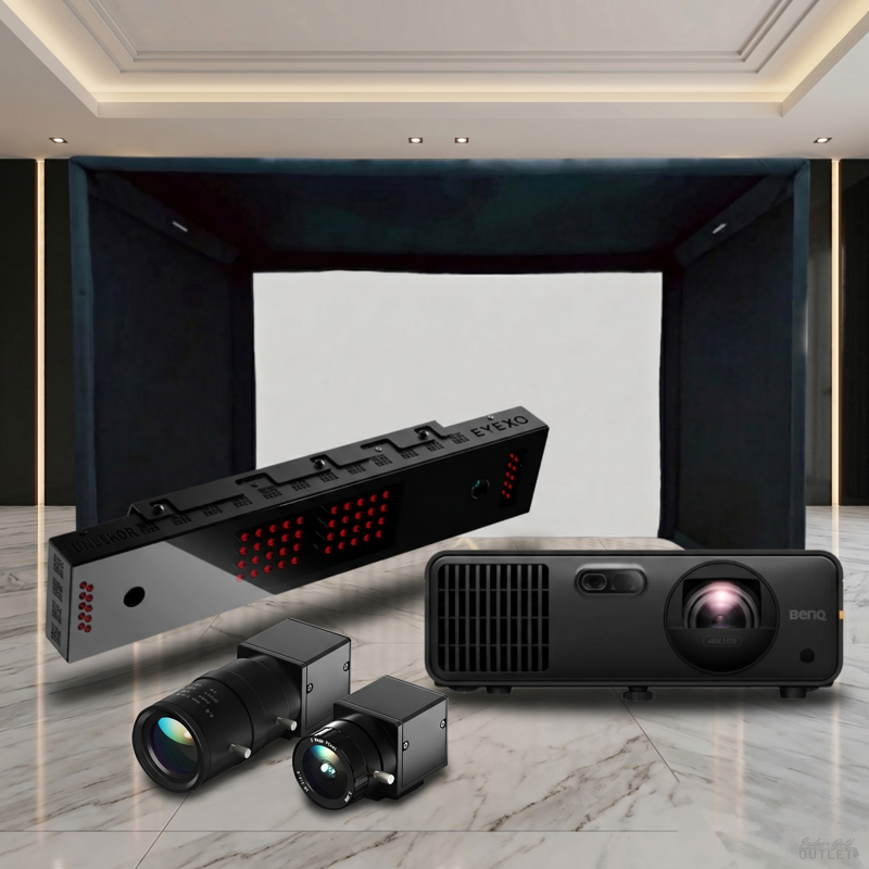 Uneekor EYE XO Launch Monitor SIGPRO Commercial Golf Simulator Enclosure Projector Package — shown with the two Uneekor Swing Optix swing cameras.