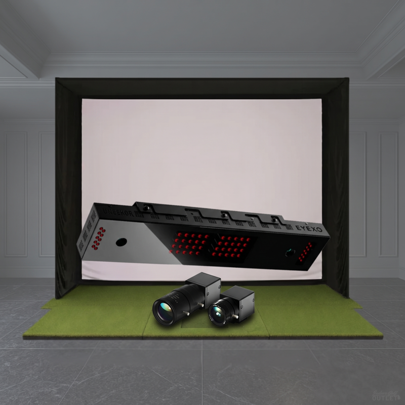 Uneekor EYE XO SIG golf simulator package showing the EYE XO launch monitor with Swing Optix swing cameras in a simulator studio.