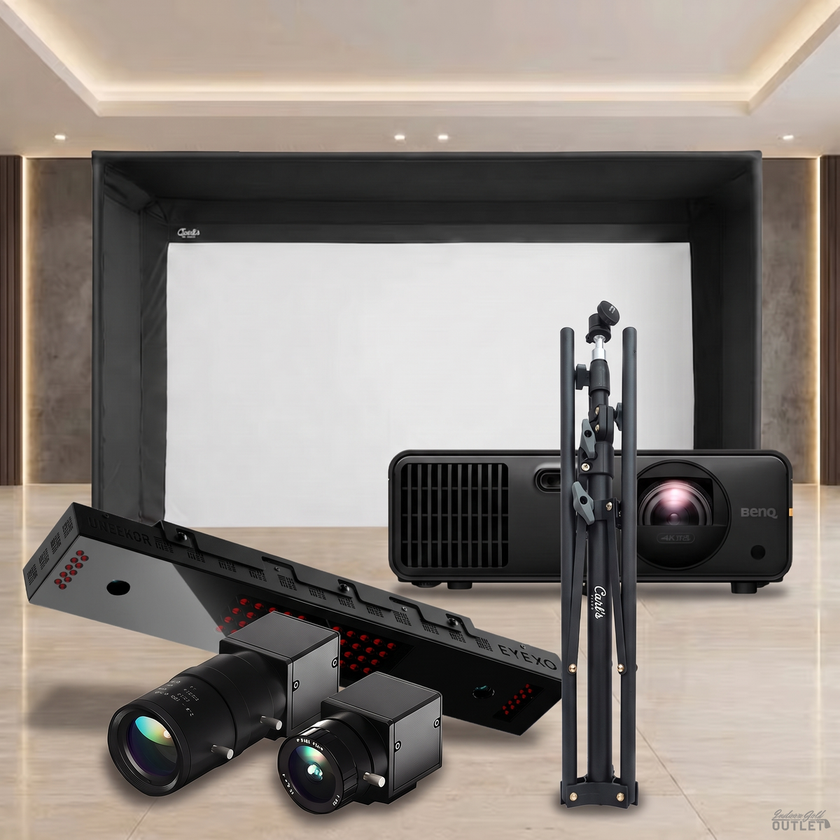 Uneekor EYE XO Carl's Place Pro Golf Simulator Enclosure Projector Package shown with the two Uneekor Swing Optix swing cameras and a tripod.