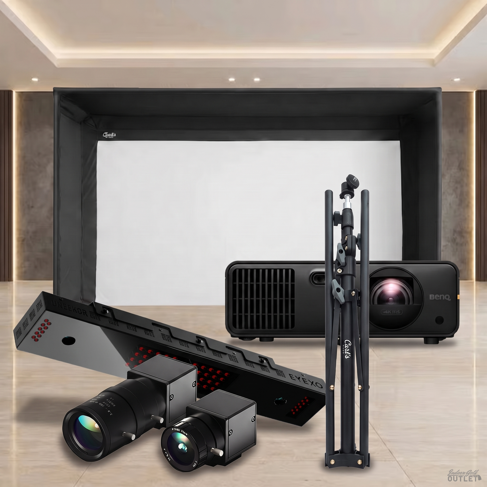 Uneekor EYE XO Carl's Place Pro Golf Simulator Enclosure Projector Package shown with the two Uneekor Swing Optix swing cameras and a tripod.