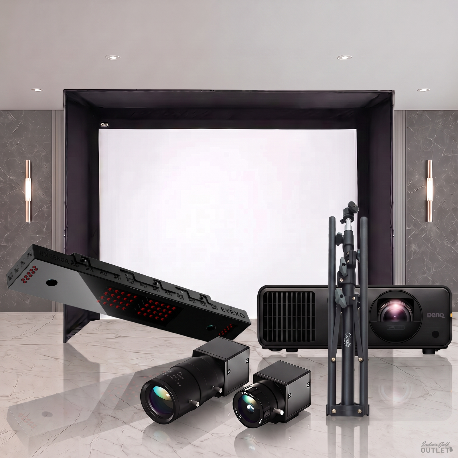 Uneekor EYE XO launch monitor included in this Vanish package, shown with the two Swing Optix cameras and a tripod.