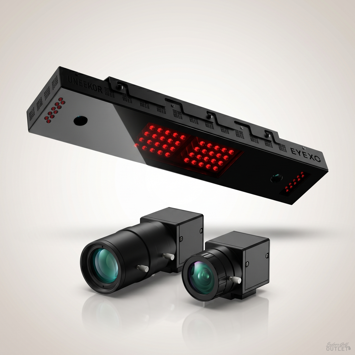 Uneekor EYE XO launch monitor shown with the two Uneekor Swing Optix swing cameras.