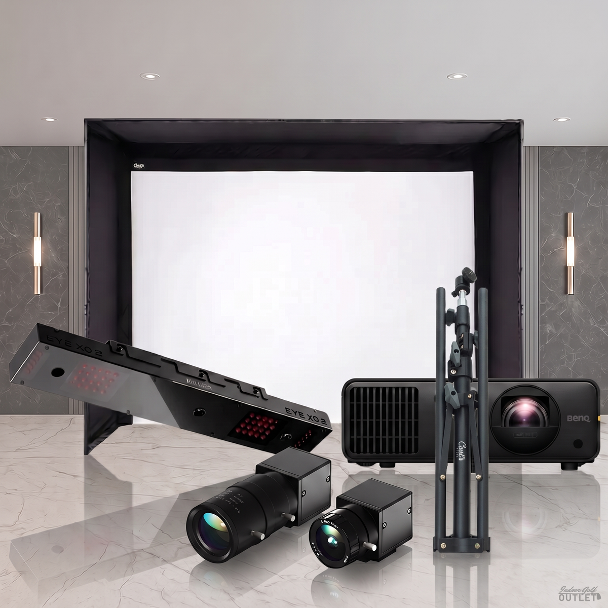 Uneekor EYE XO2 DIY Golf Simulator Enclosure Projector Package shown with the two Uneekor Swing Optix swing cameras and a tripod.