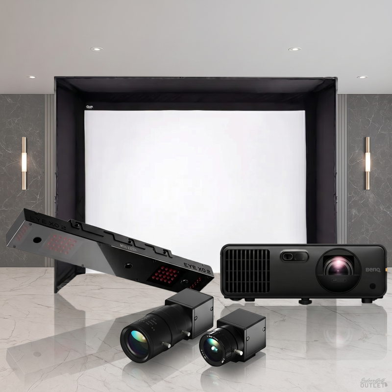 Uneekor EYE XO2 DIY Golf Simulator Package — shown with the two Uneekor Swing Optix swing cameras.