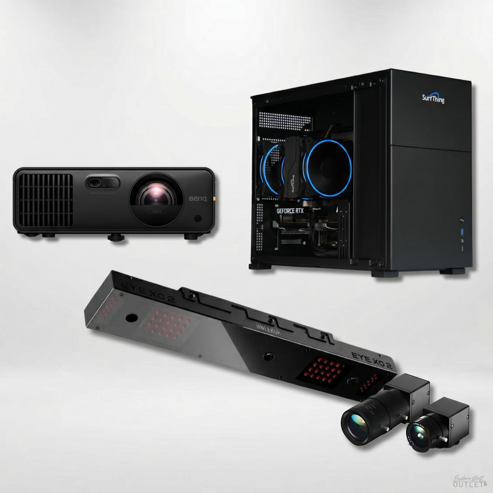 Uneekor EYE XO2 Launch Monitor Projector Golf Simulator Computer Package — shown with the two Uneekor Swing Optix swing cameras.