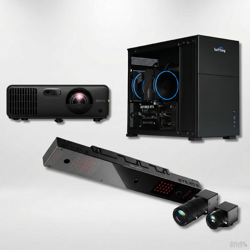 Uneekor EYE XO2 Launch Monitor Projector Golf Simulator Computer Package — shown with the two Uneekor Swing Optix swing cameras.