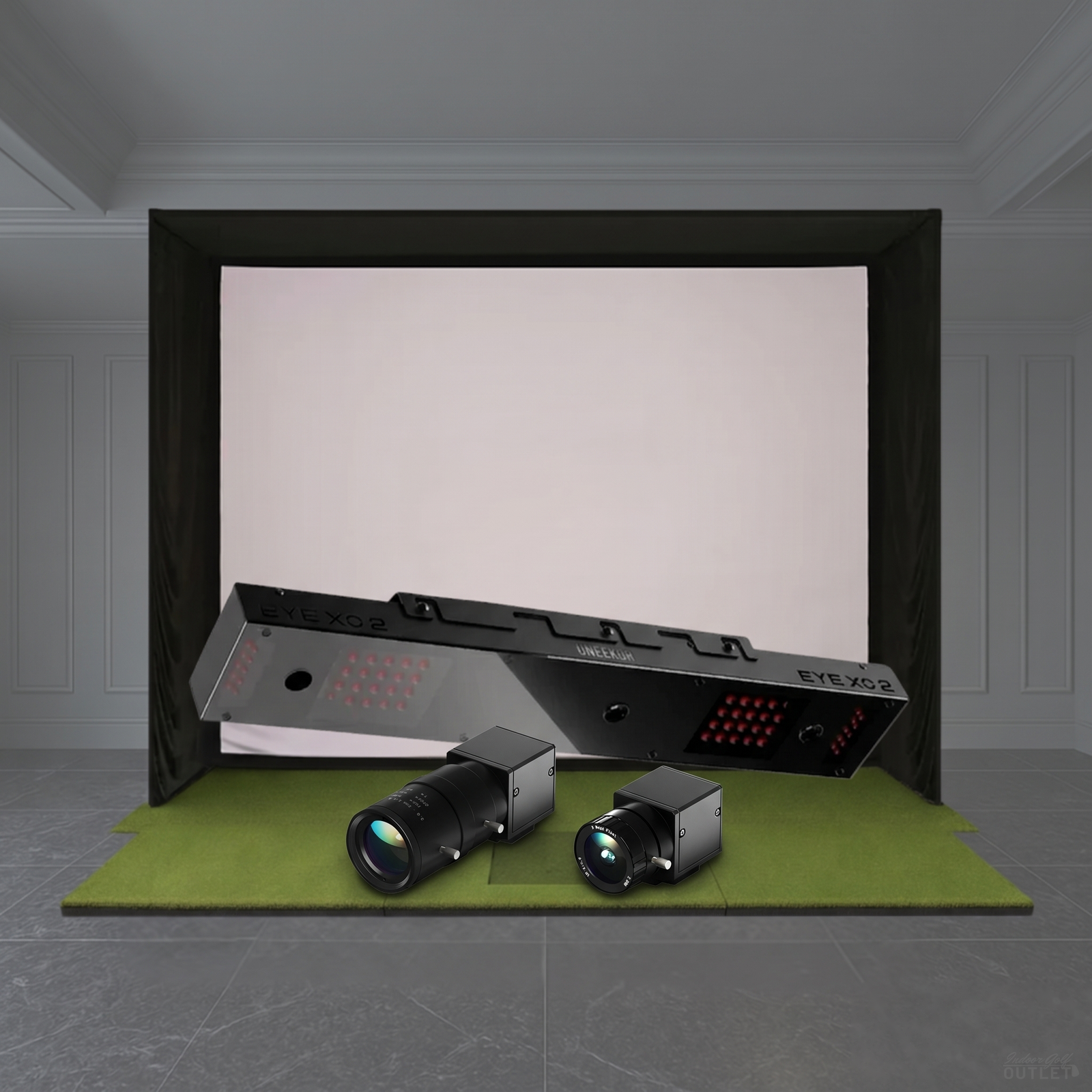 Uneekor EYE XO2 SIG golf simulator package showing the EYE XO2 launch monitor with Swing Optix swing cameras in a simulator studio.