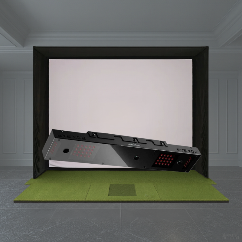 Uneekor EYE XO2 SIG golf simulator package showing the EYE XO2 launch monitor with Swing Optix swing cameras in a simulator studio.