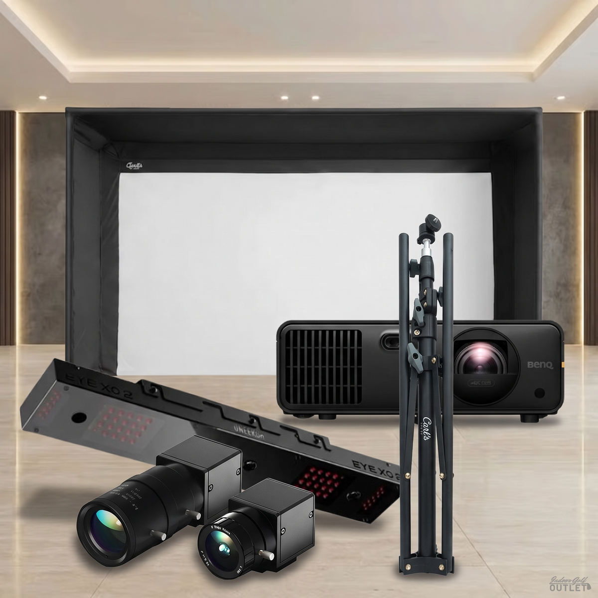 Uneekor EYE XO2 Carl's Place Pro Golf Simulator Enclosure Projector Package shown with the two Uneekor Swing Optix swing cameras and a tripod.