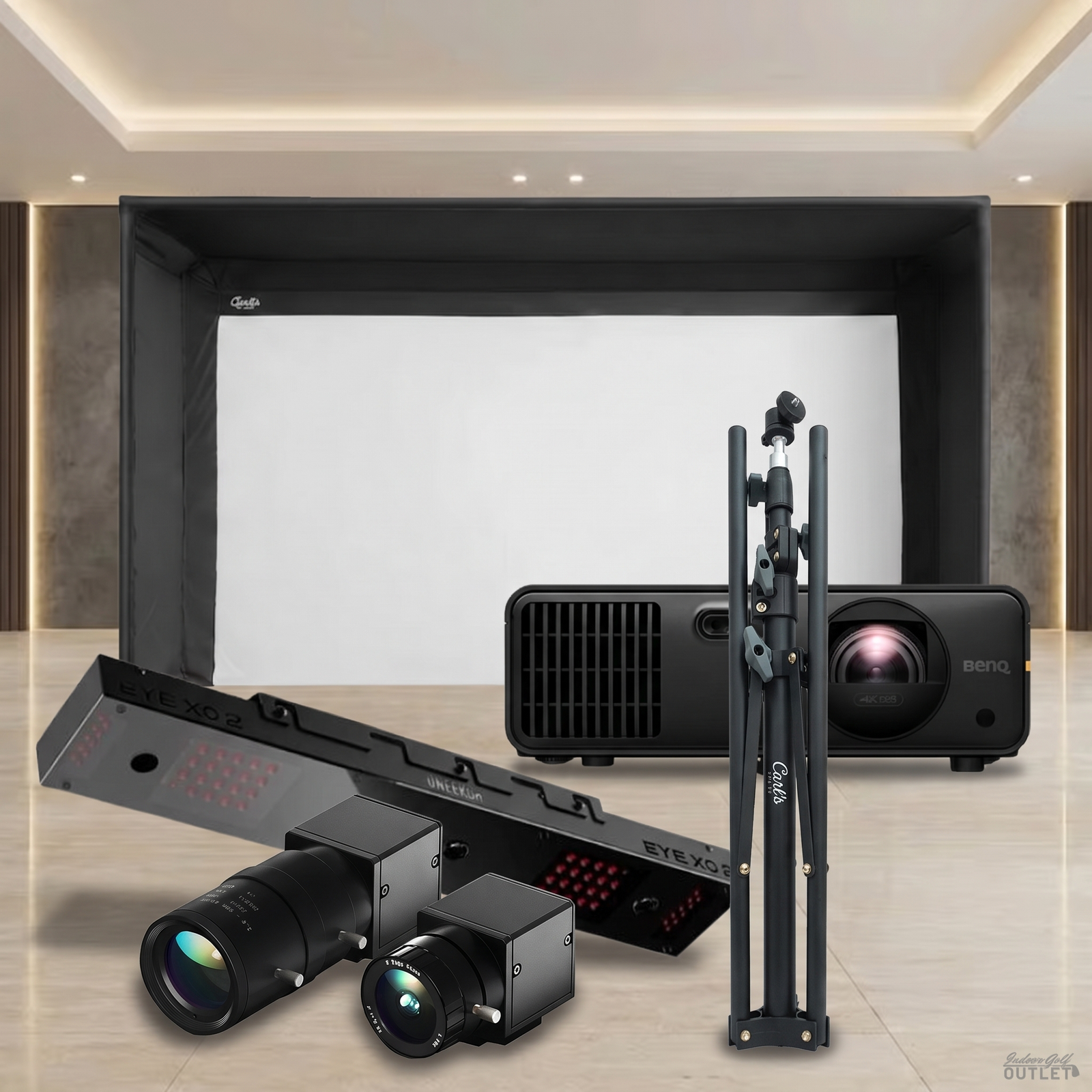 Uneekor EYE XO2 Carl's Place Pro Golf Simulator Enclosure Projector Package shown with the two Uneekor Swing Optix swing cameras and a tripod.