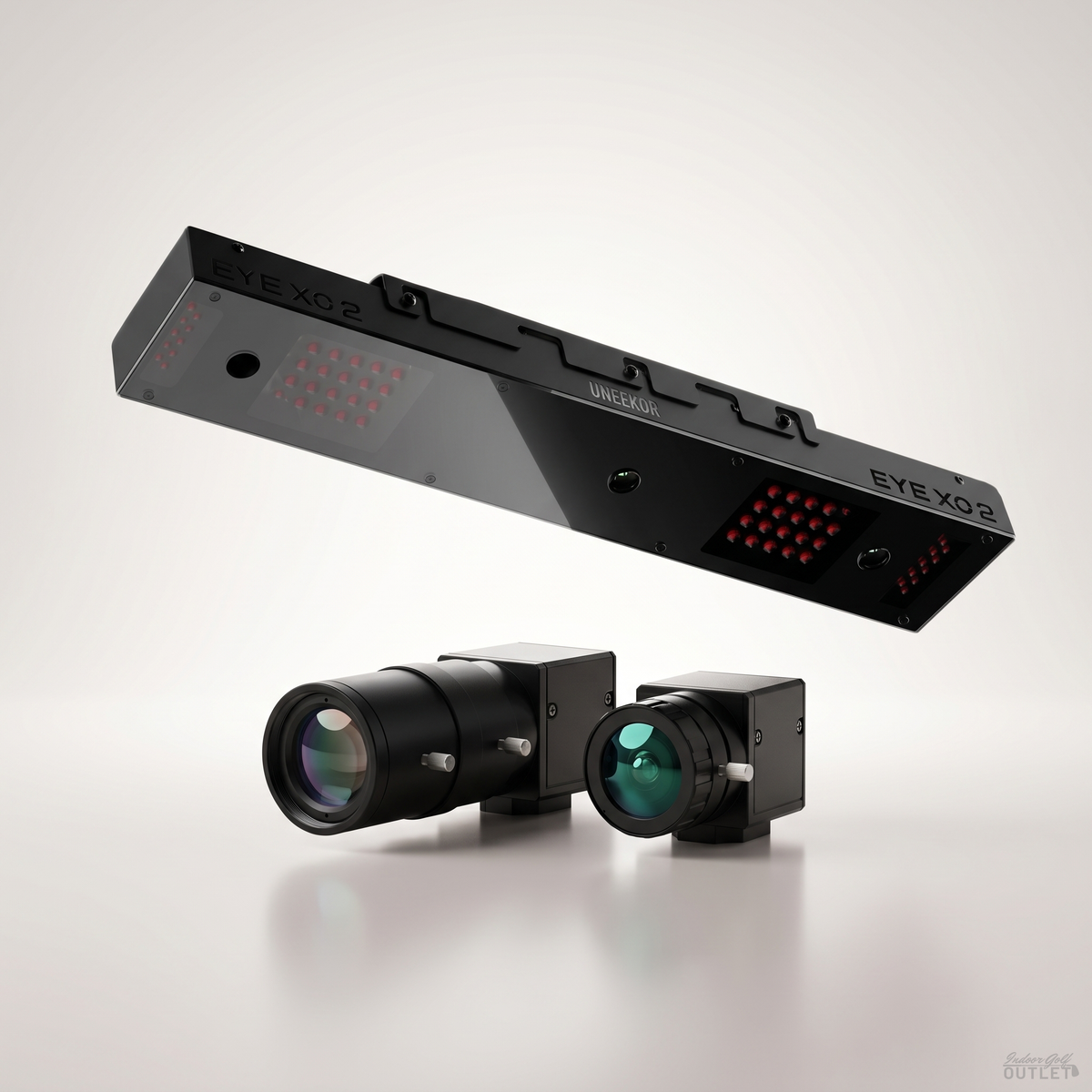 Uneekor EYE XO2 launch monitor shown with the two Uneekor Swing Optix swing cameras.