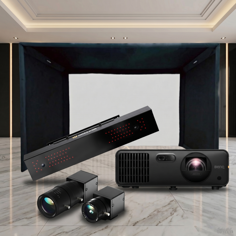 Uneekor EYE XR Launch Monitor SIGPRO Commercial Golf Simulator Enclosure Projector Package — shown with the two Uneekor Swing Optix swing cameras.