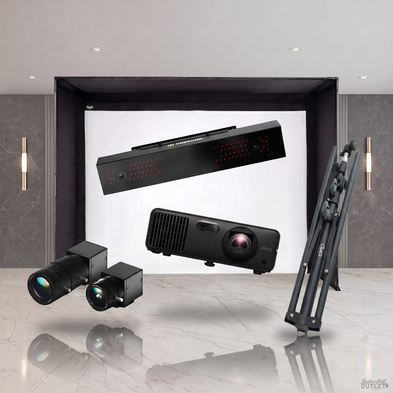 Uneekor EYE XR DIY Golf Simulator Enclosure Projector Package shown with the two Uneekor Swing Optix swing cameras and a tripod.