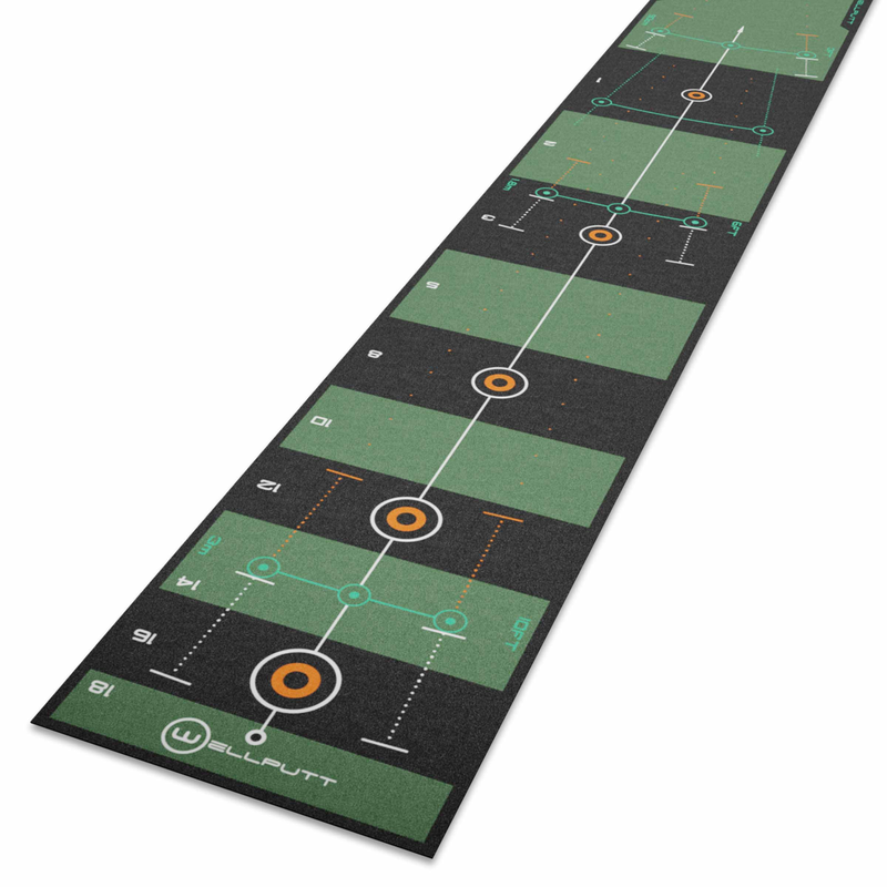 13ft high speed black putting mat shown at an angle.