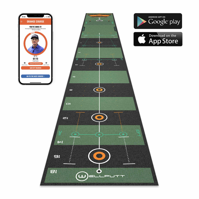 Wellputt app shown beside the 13ft Performance mat.