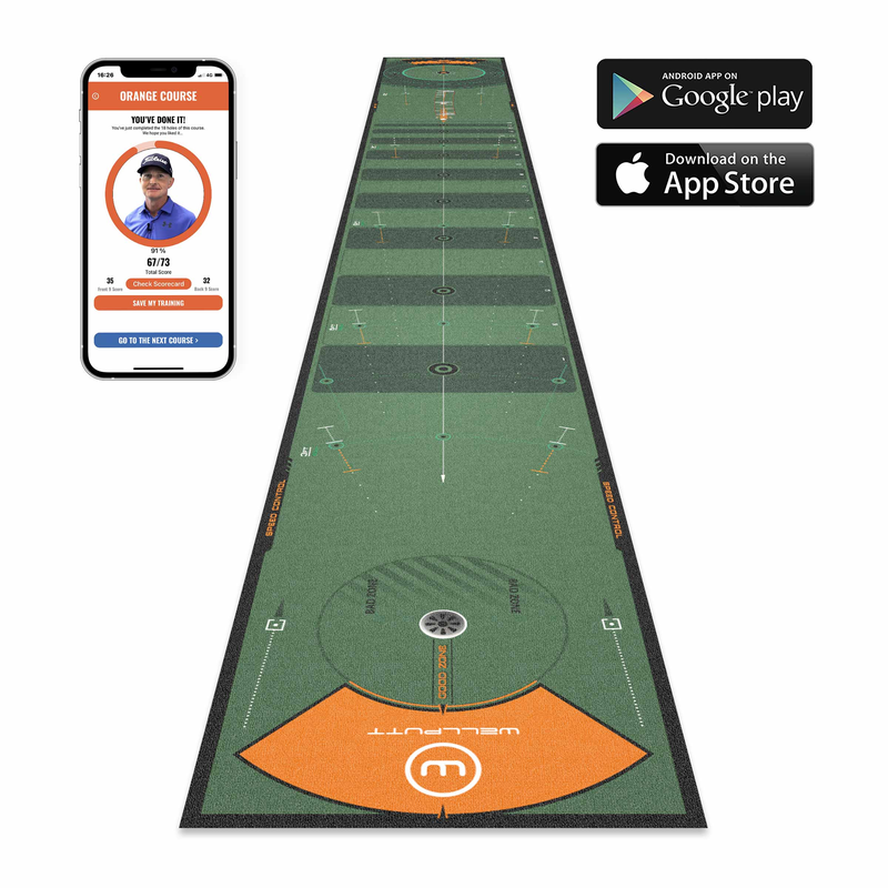 Wellputt app shown with the 26ft Performance mat.