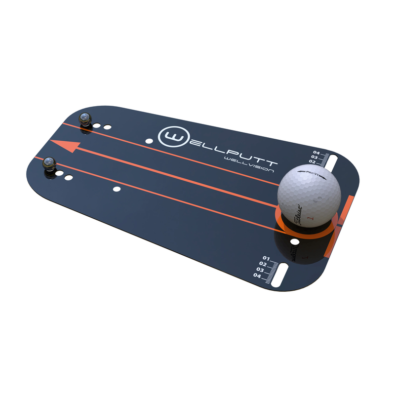 Wellvision putting mirror with alignment lines and a golf ball.