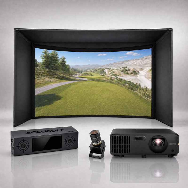AccuGOLF Hawkeye launch monitor package hero image showing the Carl's Place Curved Golf Simulator Enclosure with a BenQ short-throw projector on a grey studio background.