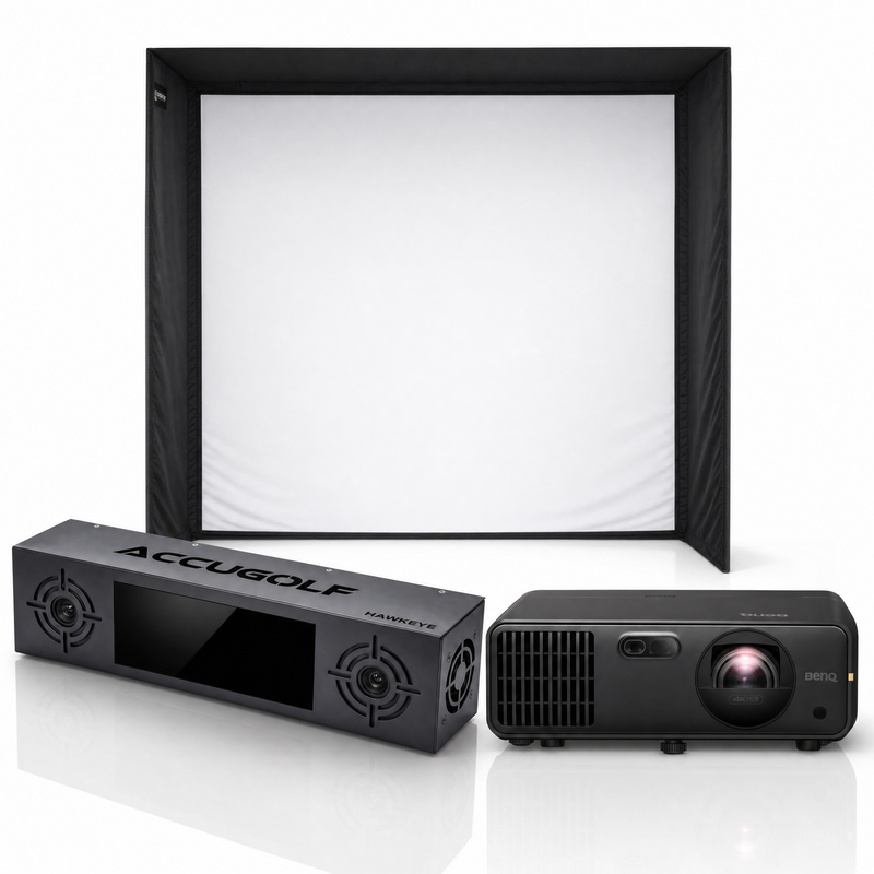 AccuGOLF Hawkeye launch monitor with SIG enclosure and projector golf simulator package